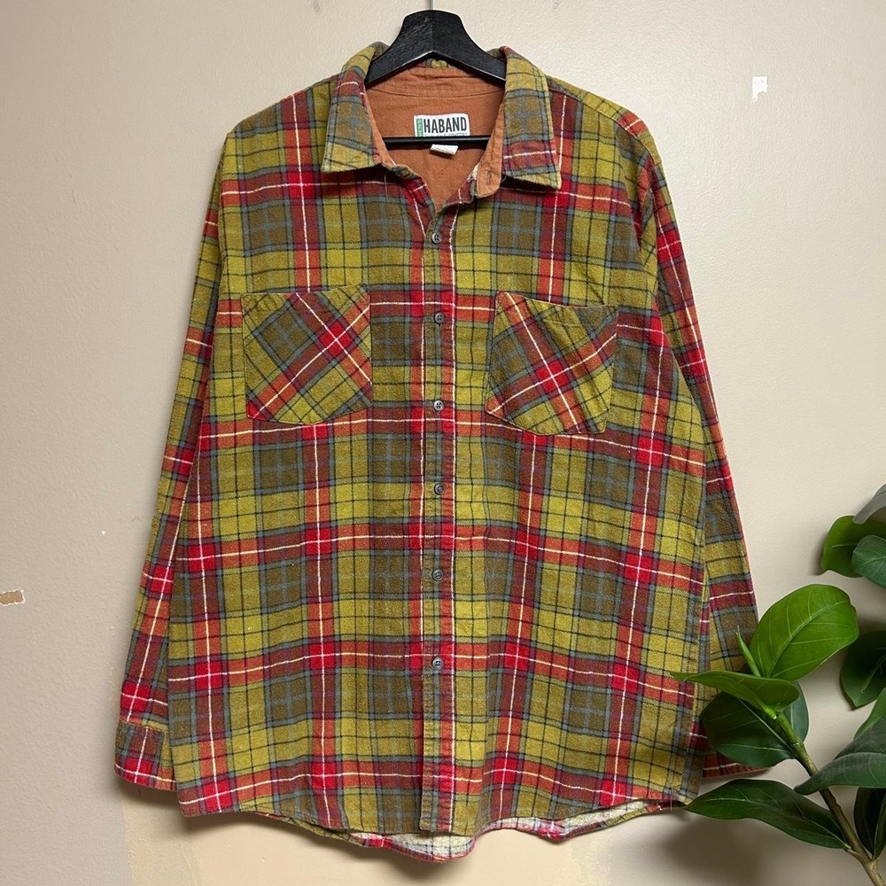 Haband Vintage 90s Red Avocado Green Plaid Flannel Shirt Mens Large L LS